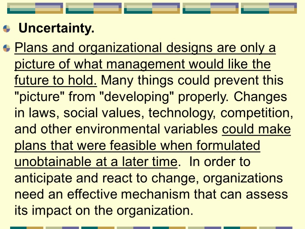 Uncertainty. Plans and organizational designs are only a picture of what management would like